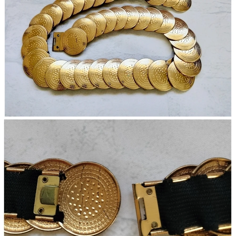 Gold Tone Coin Stretch Belt Glam Rock 80s Vintage Retro Women's